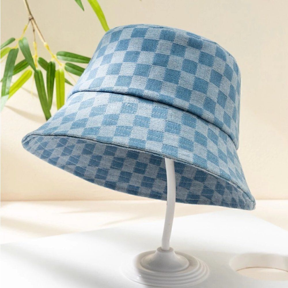 Denim Checkered Pattern Bucket Hat - Picture 2 of 3